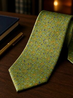 New Jos. A. Bank Green Silk Tie with Multicolor Fish Pattern (1069)